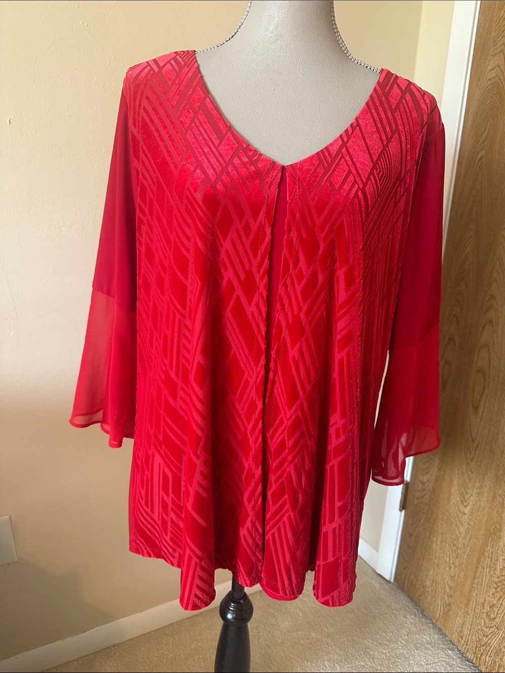 NY Collection Red Geometric V-Neck Tunic 2X